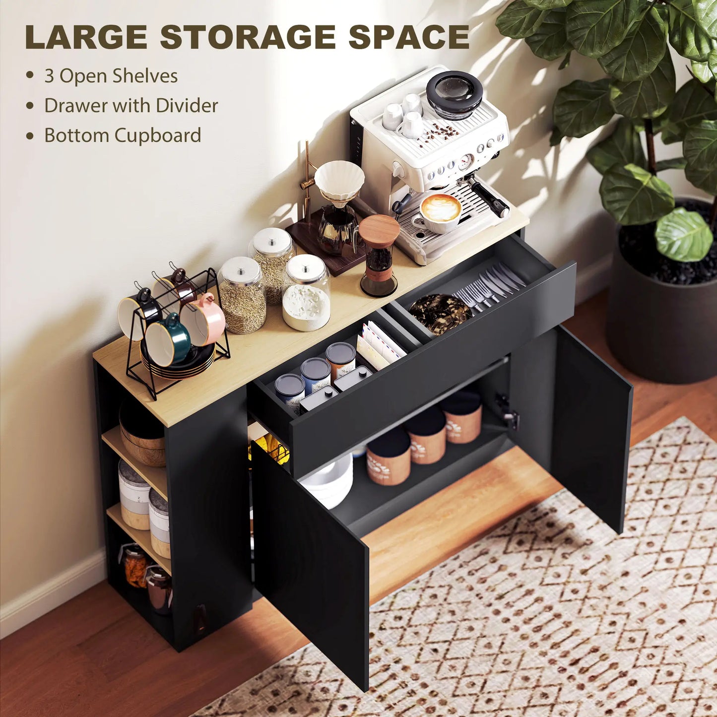 HOMCOM Sideboard, Storage Cabinet with Adjustable Shelf, 2 Drawers, 3 Open Shelves, Black