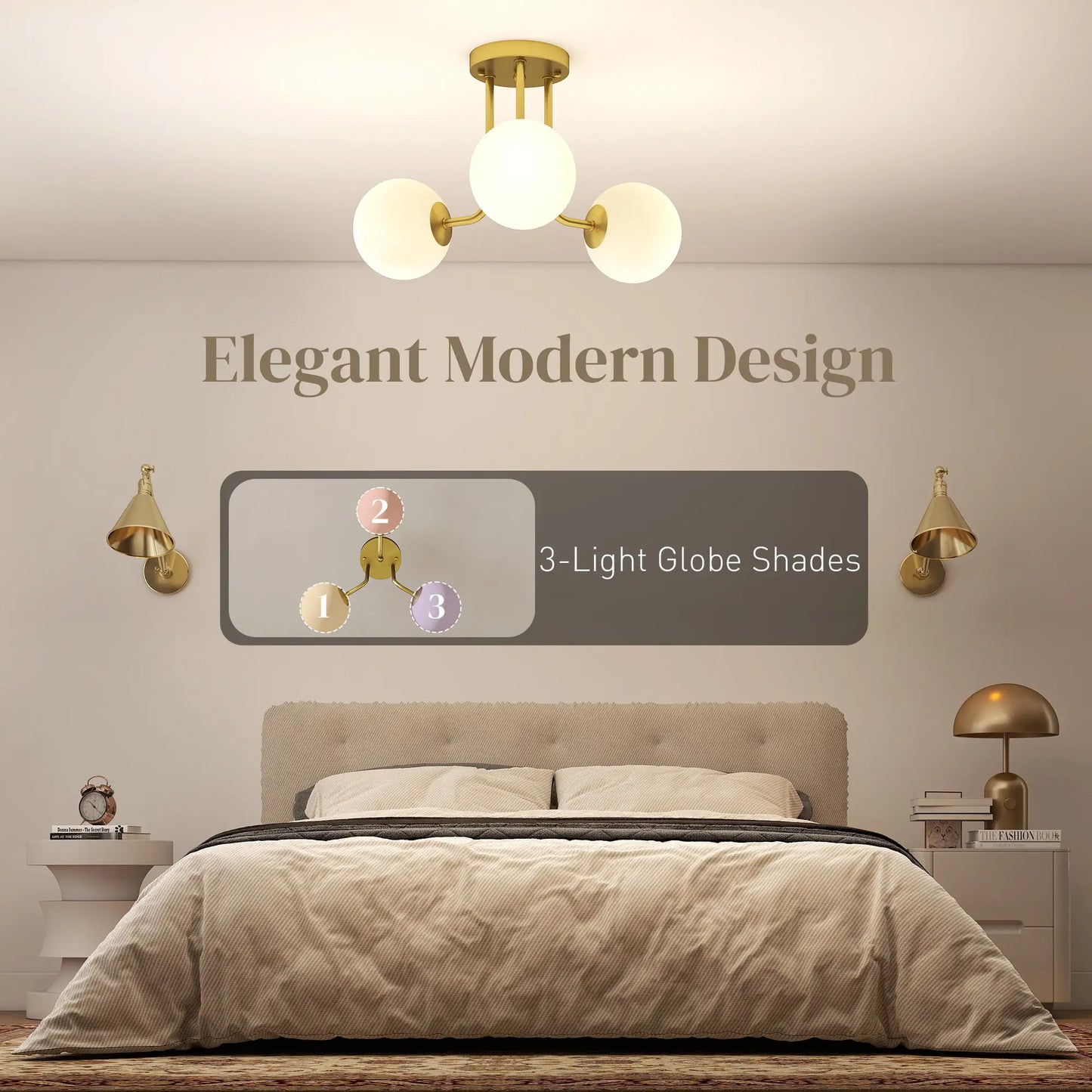 HOMCOM Globe Shades LED Ceiling Light, Modern 3-Light with G9 Sockets, Bulbs Not Included, Gold Tone