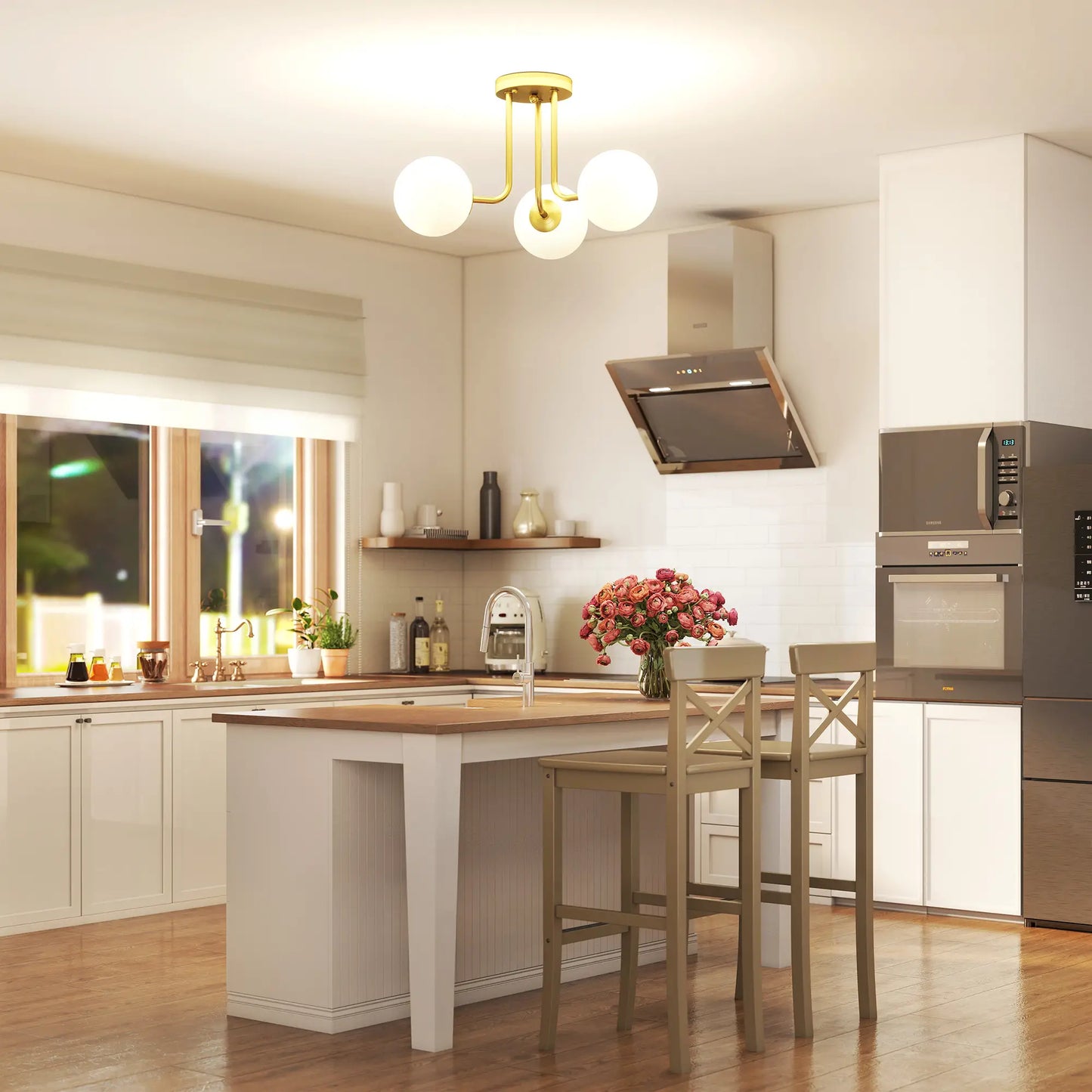 HOMCOM Globe Shades LED Ceiling Light, Modern 3-Light with G9 Sockets, Bulbs Not Included, Gold Tone