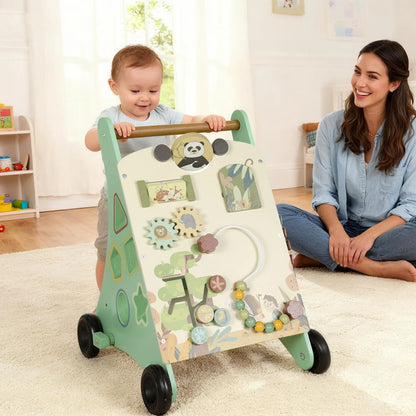 AIYAPLAY Wooden Baby Walker, Push Along Walker Toys with Speed Control, Xylophone, Gears & Bead Maze, Green