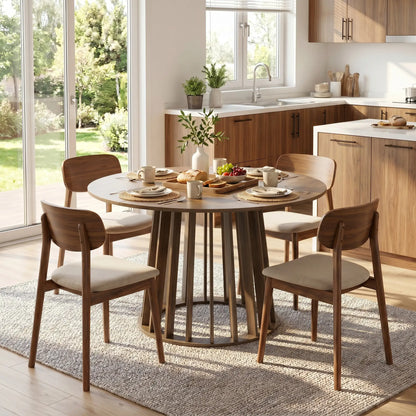 HOMCOM Round Dining Table for 4-6 People Modern Kitchen Table with Slatted Base, Light Walnut