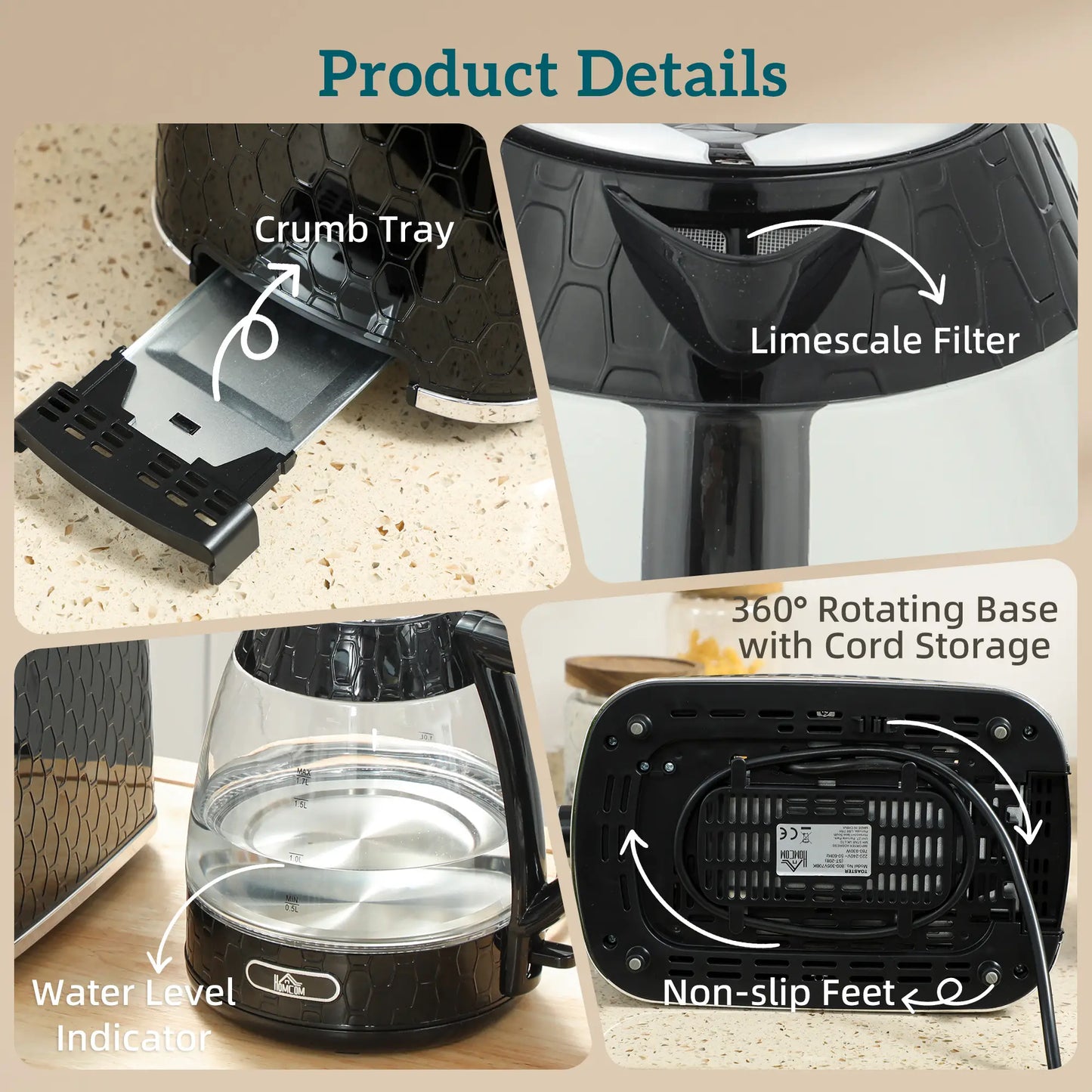HOMCOM Rapid Kettle and 2 Slice Toaster Set, 1.7L 3000W with Limescale Filter & 7 Browning Controls, Black