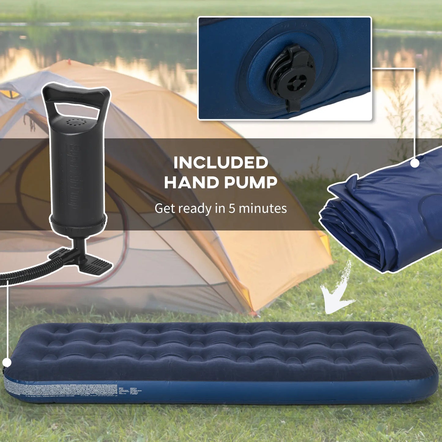 Outsunny Single Air Bed with Hand Pump, Inflatable Mattress & Flocked Surface for Guest, Camping, Travel, Blue