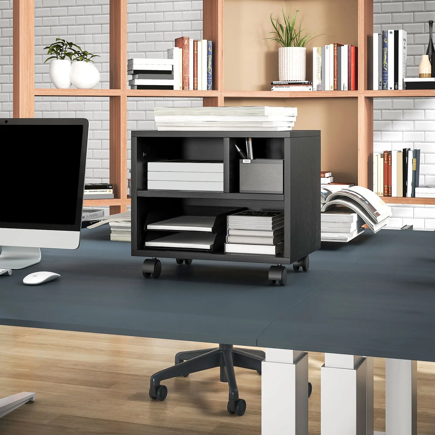 HOMCOM Three-Compartment Office Storage Printer Cabinet, with Wheels - Black