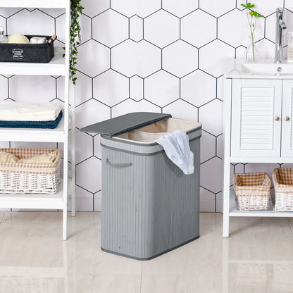 HOMCOM 100L Natural Wood Laundry Basket Compartment w/Flip Lid Removable Lining Handles Foldable, Dirty Clothes Storage, Grey