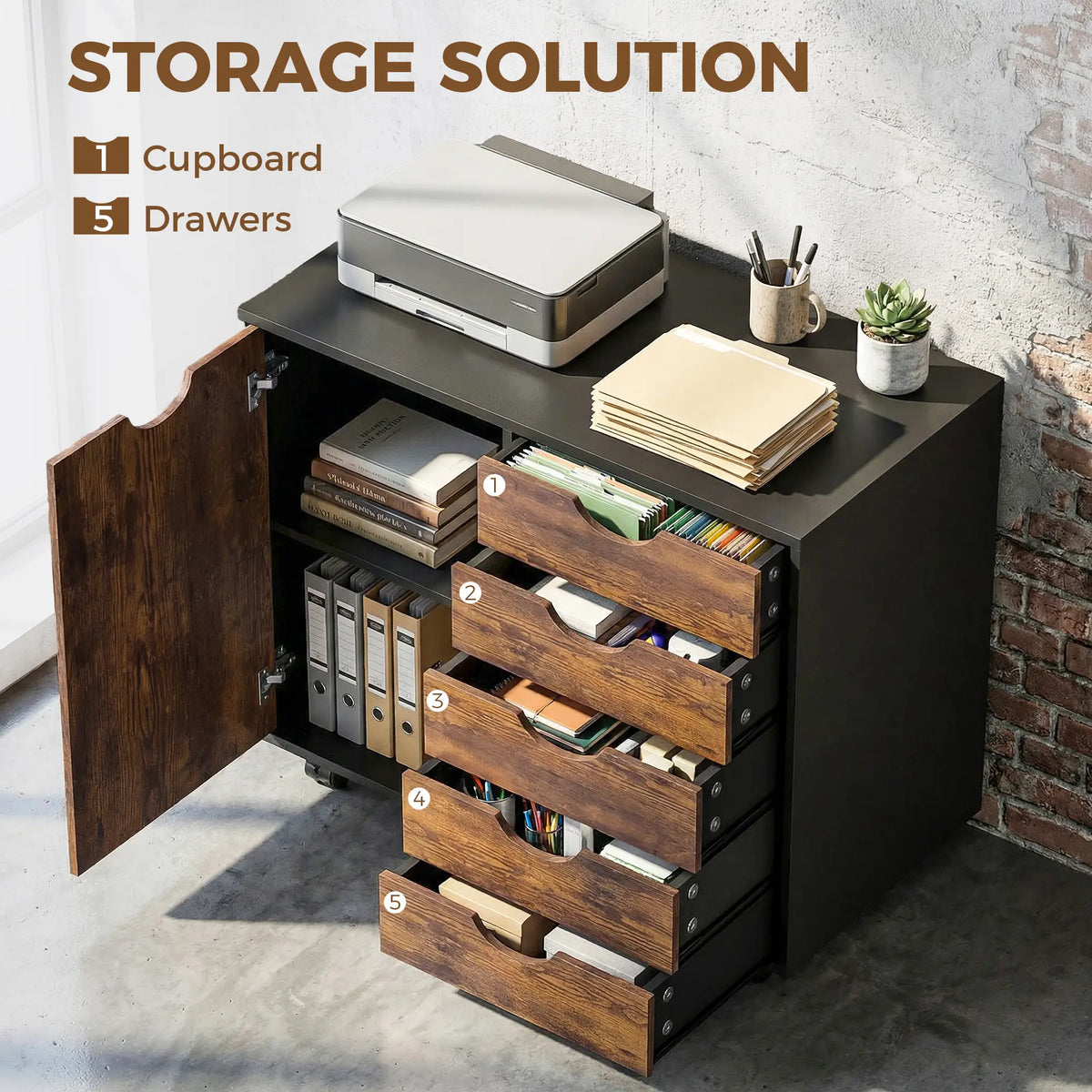 HOMCOM Multi-Storage Mobile Office Storage Cabinet with Five Wheels- Rustic Brown