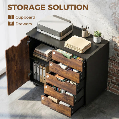 HOMCOM Multi-Storage Mobile Office Storage Cabinet with Five Wheels- Rustic Brown
