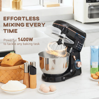 HOMCOM 5L Food Mixer for Baking, 6 Speeds and Pulse Setting, 1400W Electric Kitchen Stand Mixer with Stainless Steel Bowl, Black