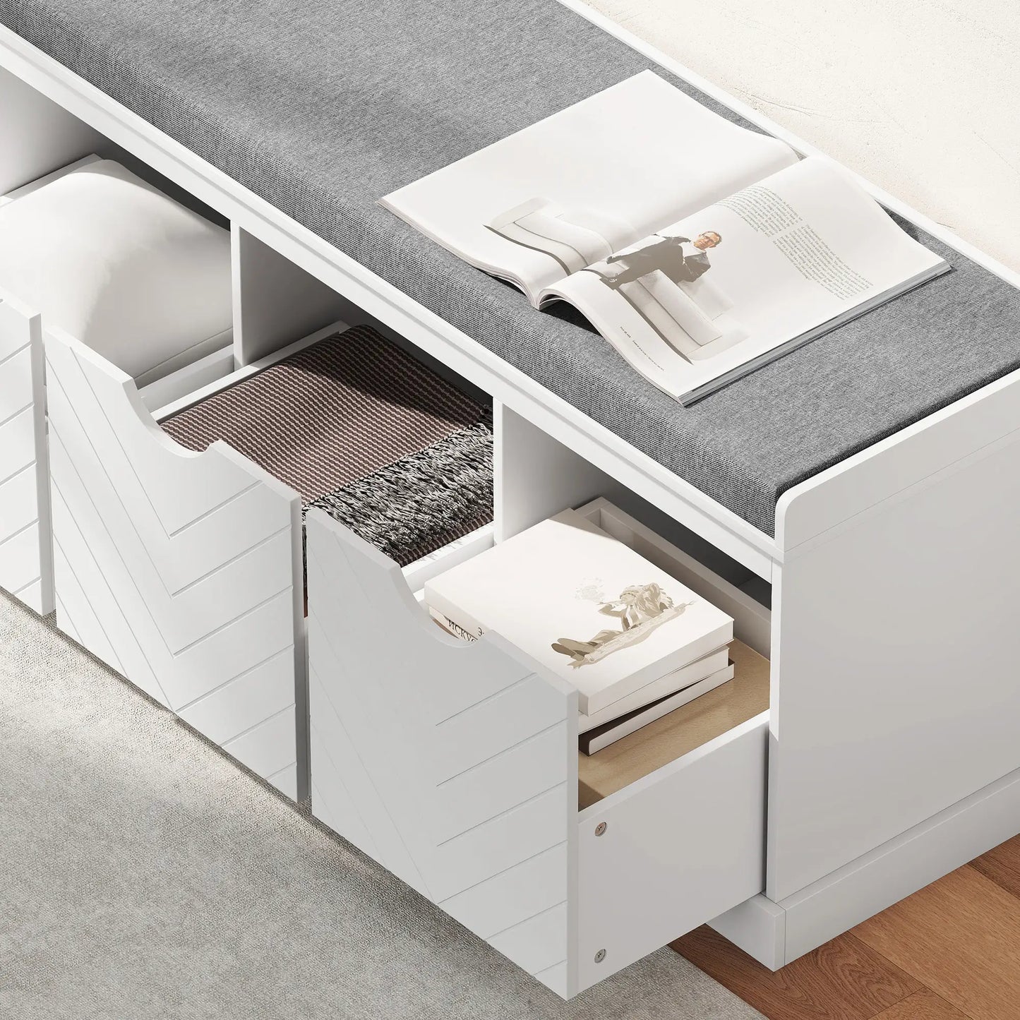 HOMCOM 3-Drawer Padded Shoe Storage Bench with Breathable & Washable Linen-Look Cover, White