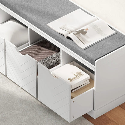 HOMCOM 3-Drawer Padded Shoe Storage Bench with Breathable & Washable Linen-Look Cover, White
