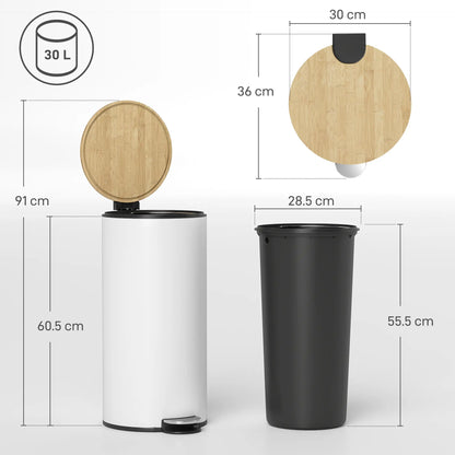 HOMCOM Kitchen Bin, 30 Litre Pedal Rubbish Bin with Removable Bucket, White, Natural