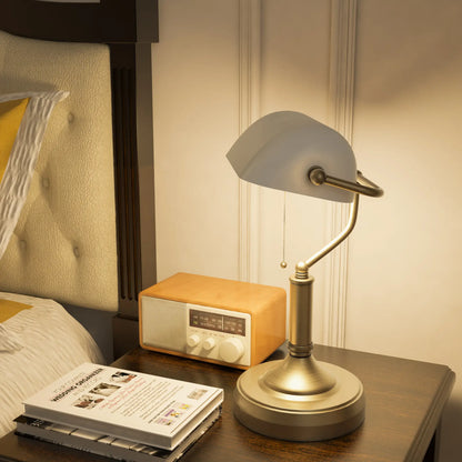 HOMCOM Banker's Desk Lamp with Antique Bronze Tone Base, Table Lamp with White Glass Shade for Home Office