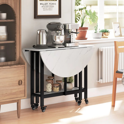 HOMCOM Folding Dining Table, Drop Leaf Table with Open Shelf, Rolling Kitchen Table for Small Spaces, White Marble
