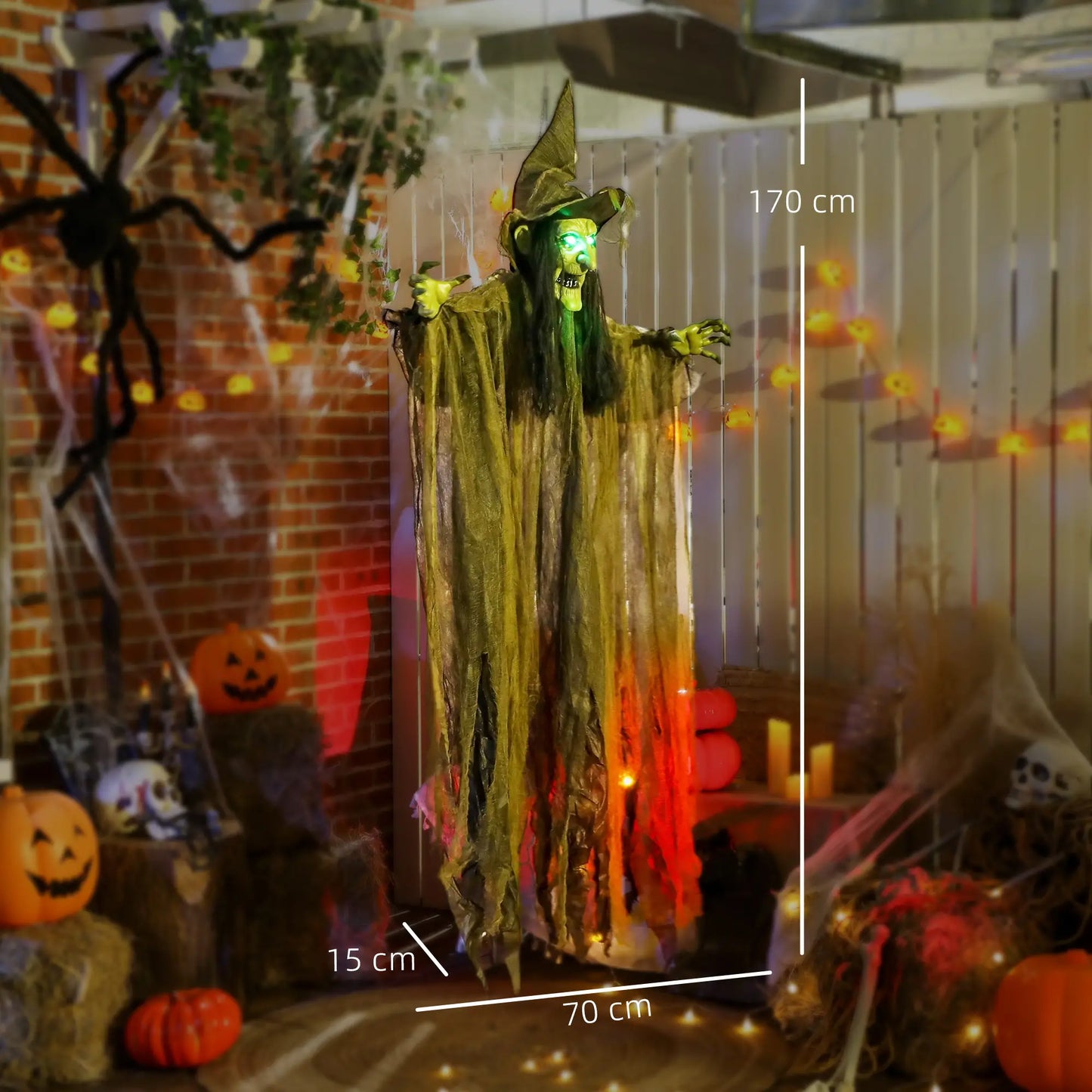 Outsunny 170 cm Hanging Halloween Animated Spooky Witch with Glowing LED Eyes, Scary Halloween Decorations, Battery Operated
