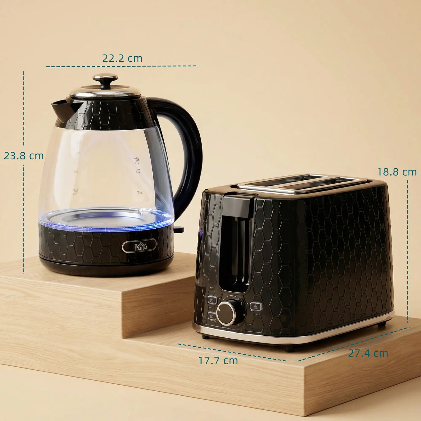 HOMCOM Rapid Kettle and 2 Slice Toaster Set, 1.7L 3000W with Limescale Filter & 7 Browning Controls, Black