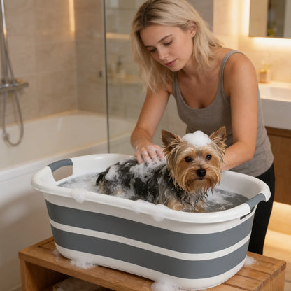 PawHut Dog Bath Tub, Portable Foldable Dog Bathtub with Drainage Hole for Small Dogs Puppies, Grey