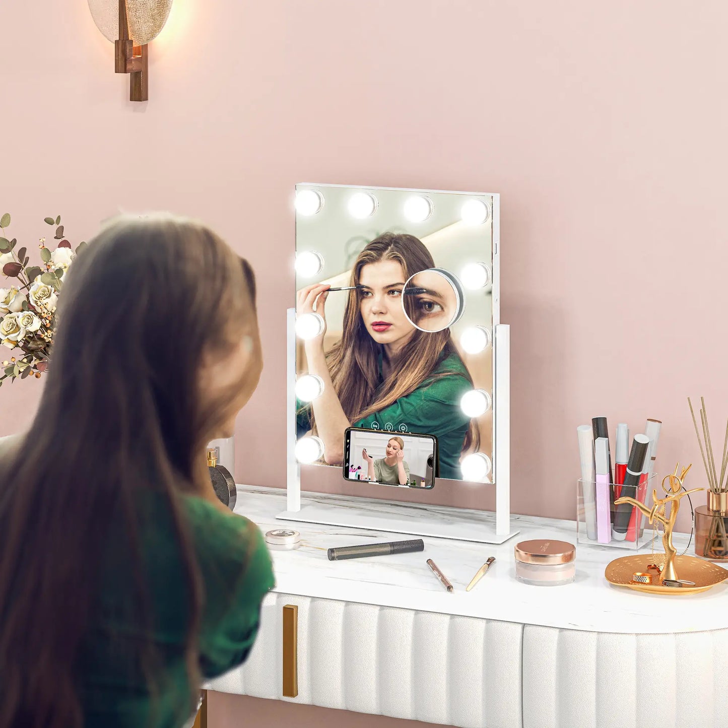 HOMCOM 12 LED Bulb Dressing Table Tabletop Makeup Mirror, with Adjustable Settings