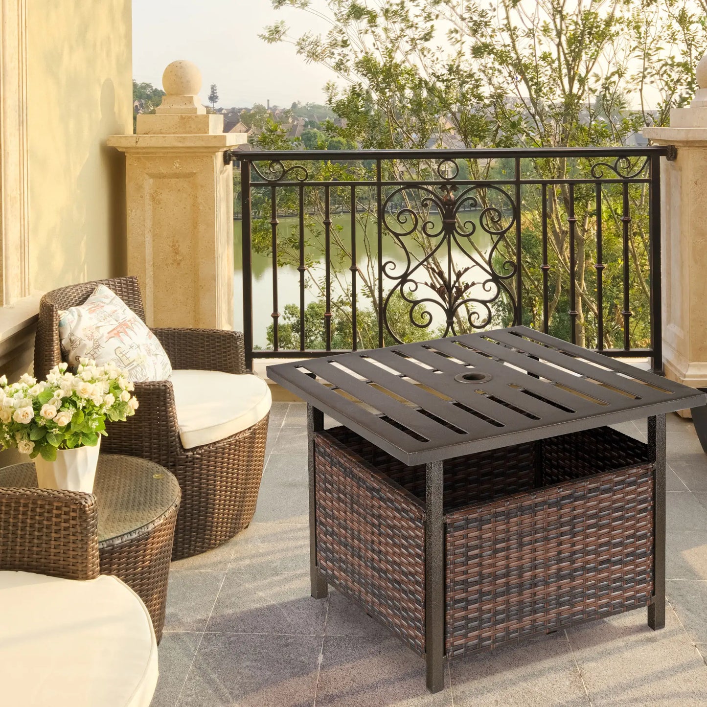 Rattan Garden Coffee Table, Square Wicker Patio Side Table with Umbrella Hole, Metal Bottom for Outdoor, Brown