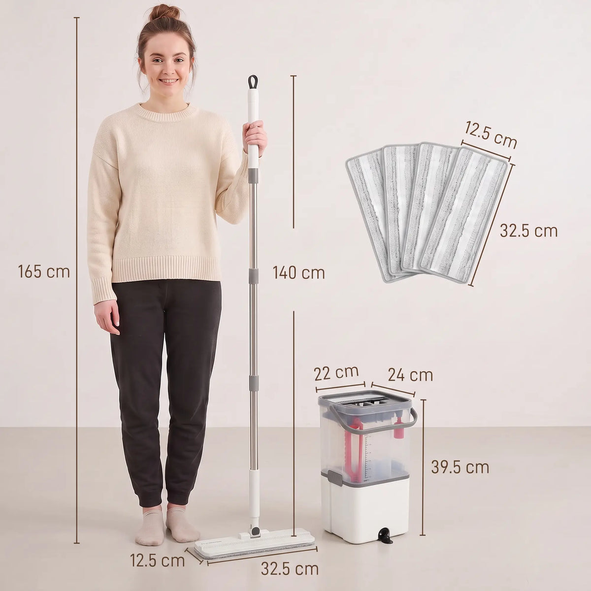 HOMCOM Compact Flat Mop and Bucket Set 2-Chamber Design with Wringer, White