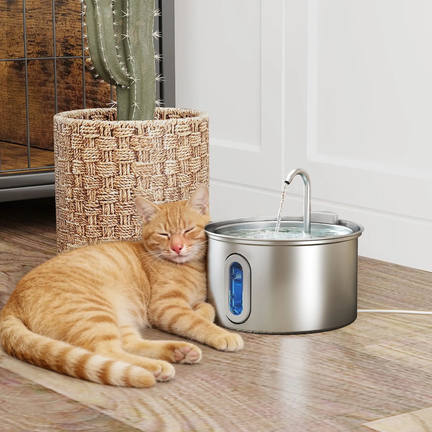 PawHut 2.5L Stainless Steel Cat Water Fountain for Drinking with Ultra-Silent Pump, Water-Level Window, 7 Filters