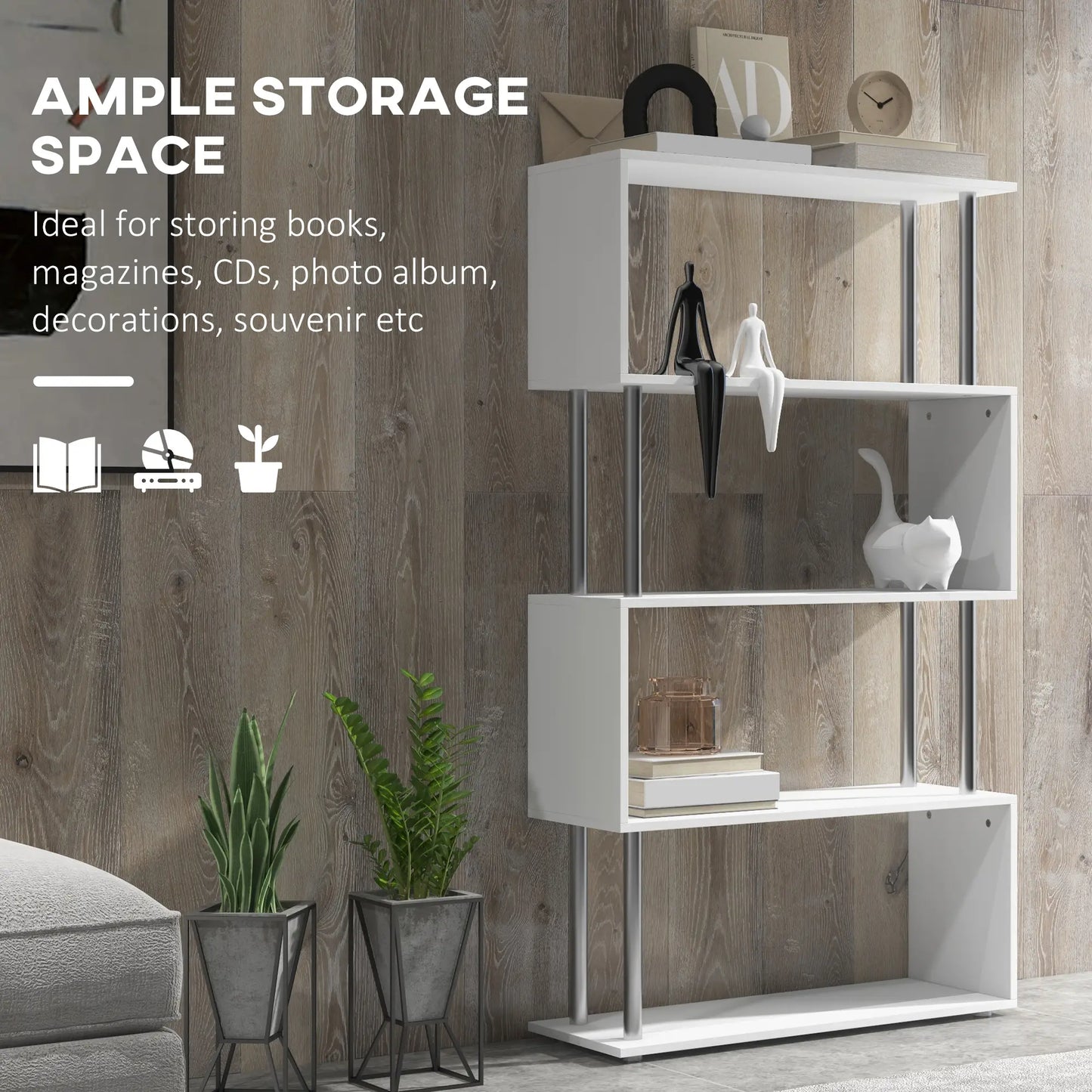 HOMCOM S Shape Bookcase, 5 Tiers Bookshelf, Modern Freestanding Storage Shelf for Home Office, Study, Living Room, White