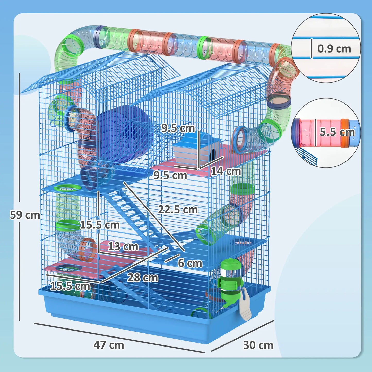 PawHut Hamster Cage, 5 Tier Carrier Habitat with Exercise Wheels Tunnel Tube House Ladder, Gerbil Cage for Dwarf Mice, Blue