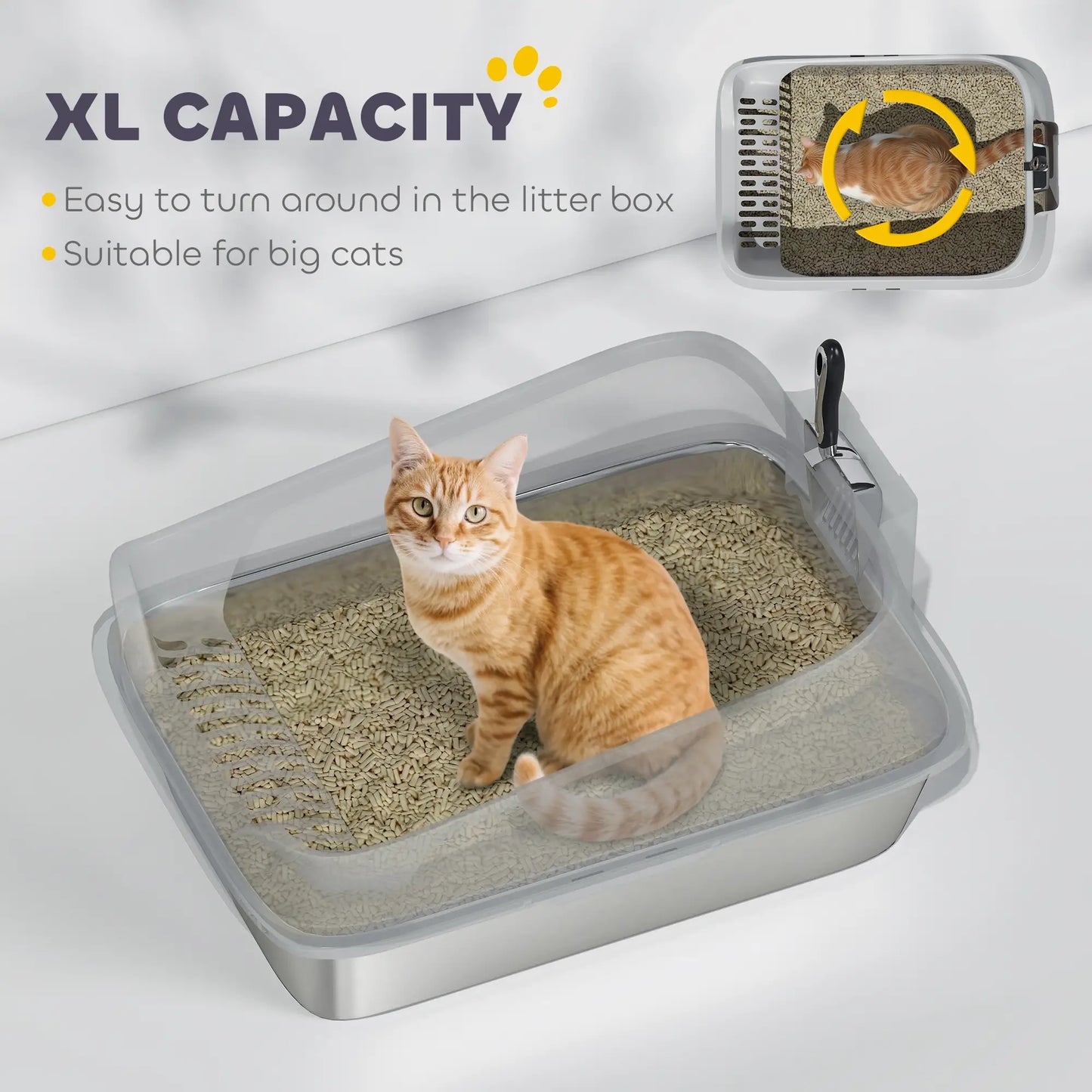PawHut XL Stainless Steel Cat Litter Box with High Sides & Metal Scoop