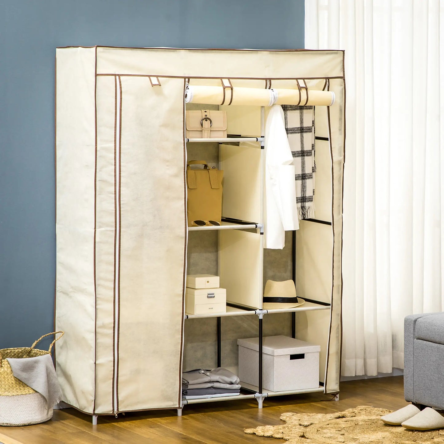 HOMCOM Fabric Cloth Wardrobe Clothes Organizer with Rails and Shelves - Cream White