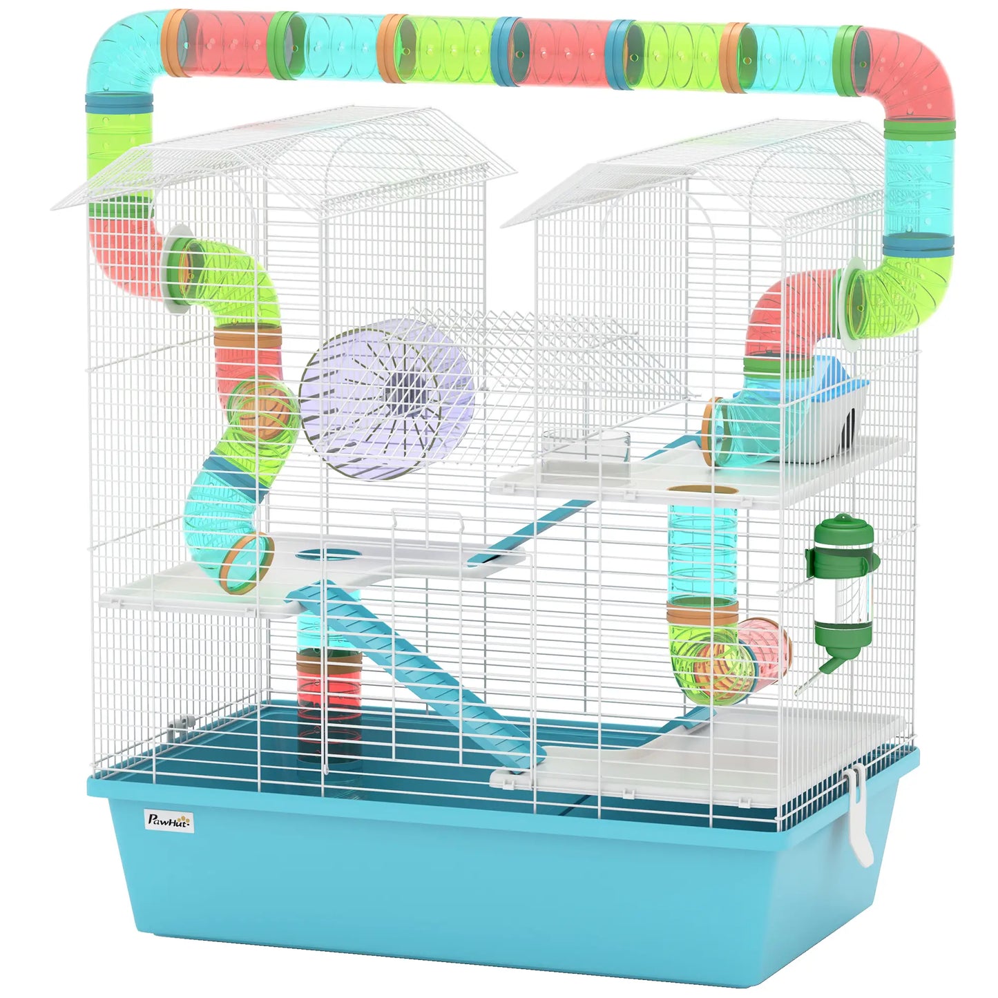 PawHut 4 Tier Hamster Cage w/ Tubes, Exercise Wheel, Hut, Water Bottle, Ramps for Dwarf Hamster, Light Blue
