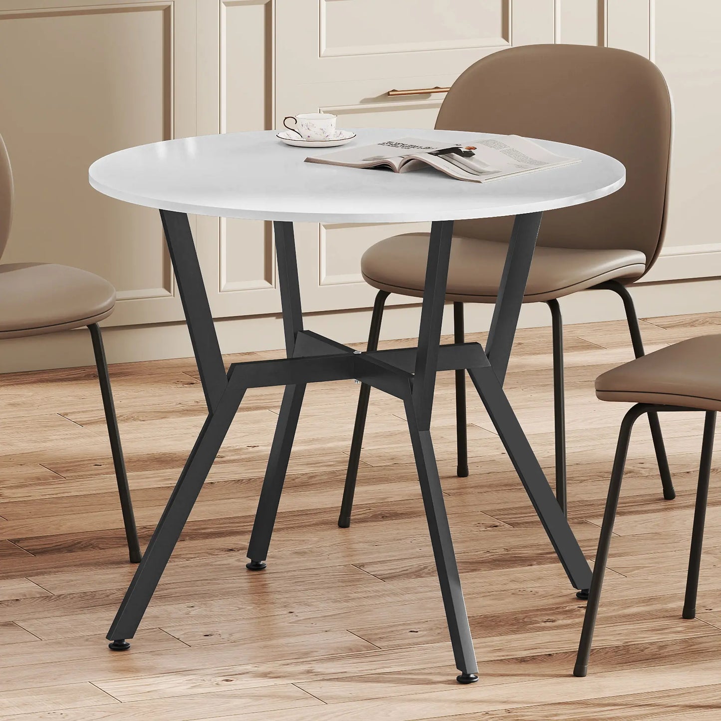 HOMCOM Dining Table, Round Kitchen Table with Black Legs, High Gloss White