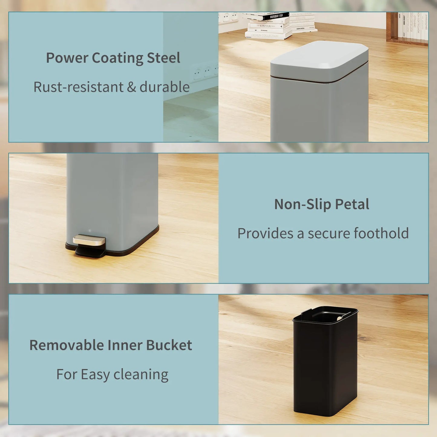 Rectangular Compact Bin Tidy Steel Body Removable Bucket w/ Pedal Lid 5L