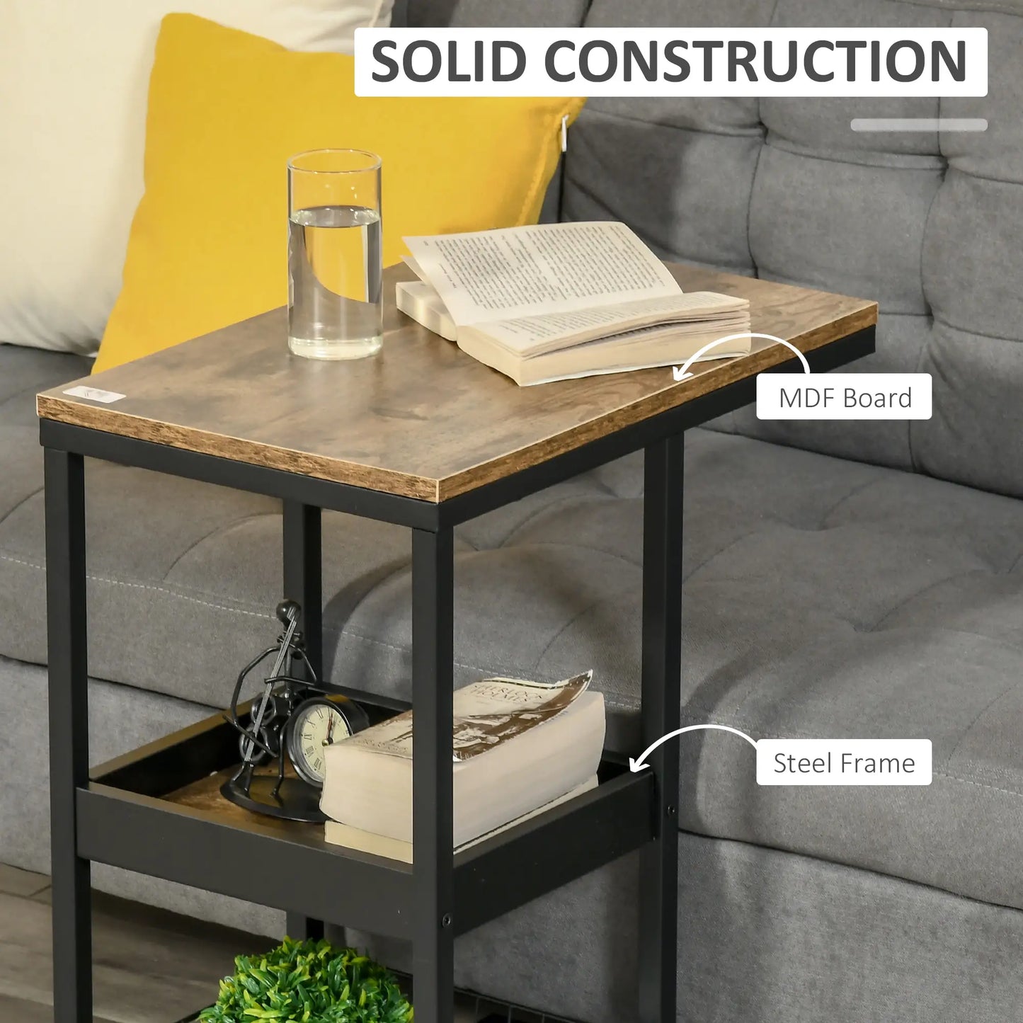 HOMCOM Industrial Mobile Sofa Side Table C-Shaped Rolling Couch Table with 3-Tier Storage Shelving Four Lockable Wheels - Brown