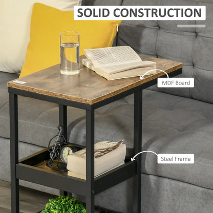 HOMCOM Industrial Mobile Sofa Side Table C-Shaped Rolling Couch Table with 3-Tier Storage Shelving Four Lockable Wheels - Brown