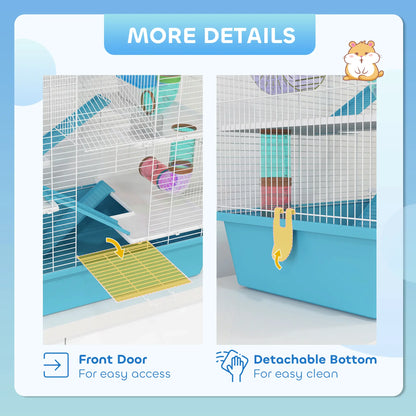 PawHut 4 Tier Hamster Cage w/ Tubes, Exercise Wheel, Hut, Water Bottle, Ramps for Dwarf Hamster, Light Blue