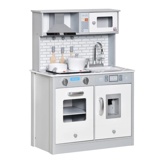 Kids Wooden Toy Kitchen Pretend Play Cooking Playset w/ Sound & Light Effect, Battery Operated Cooktop, Marble Pattern Countertop
