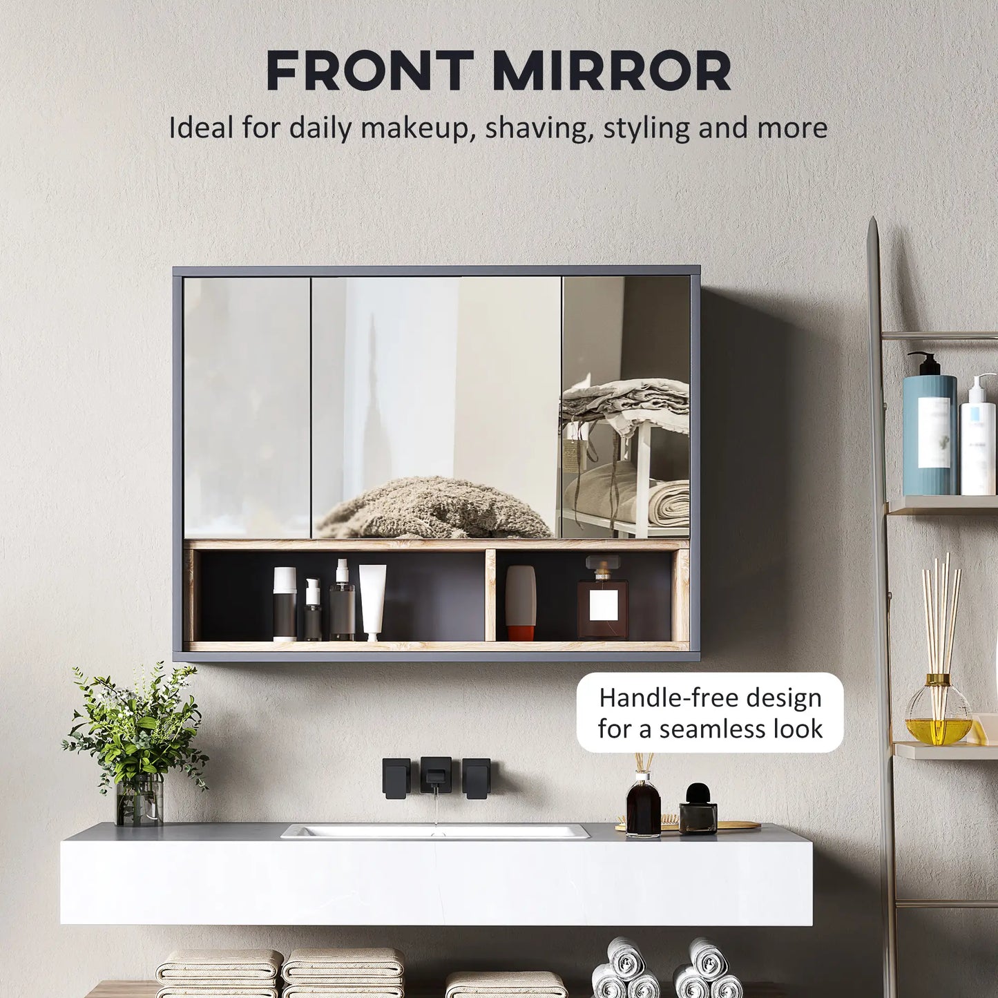 HOMCOM Bathroom Mirror Cabinet, Wall Mounted Cabinet with Mirror, 3 Doors & Cupboards, Grey