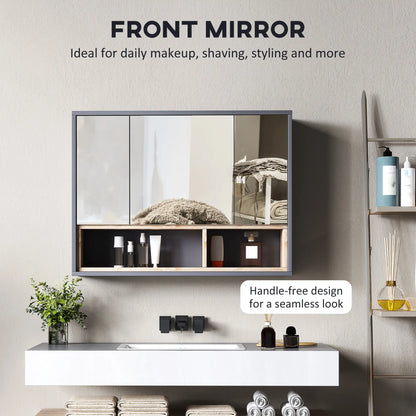 HOMCOM Bathroom Mirror Cabinet, Wall Mounted Cabinet with Mirror, 3 Doors & Cupboards, Grey