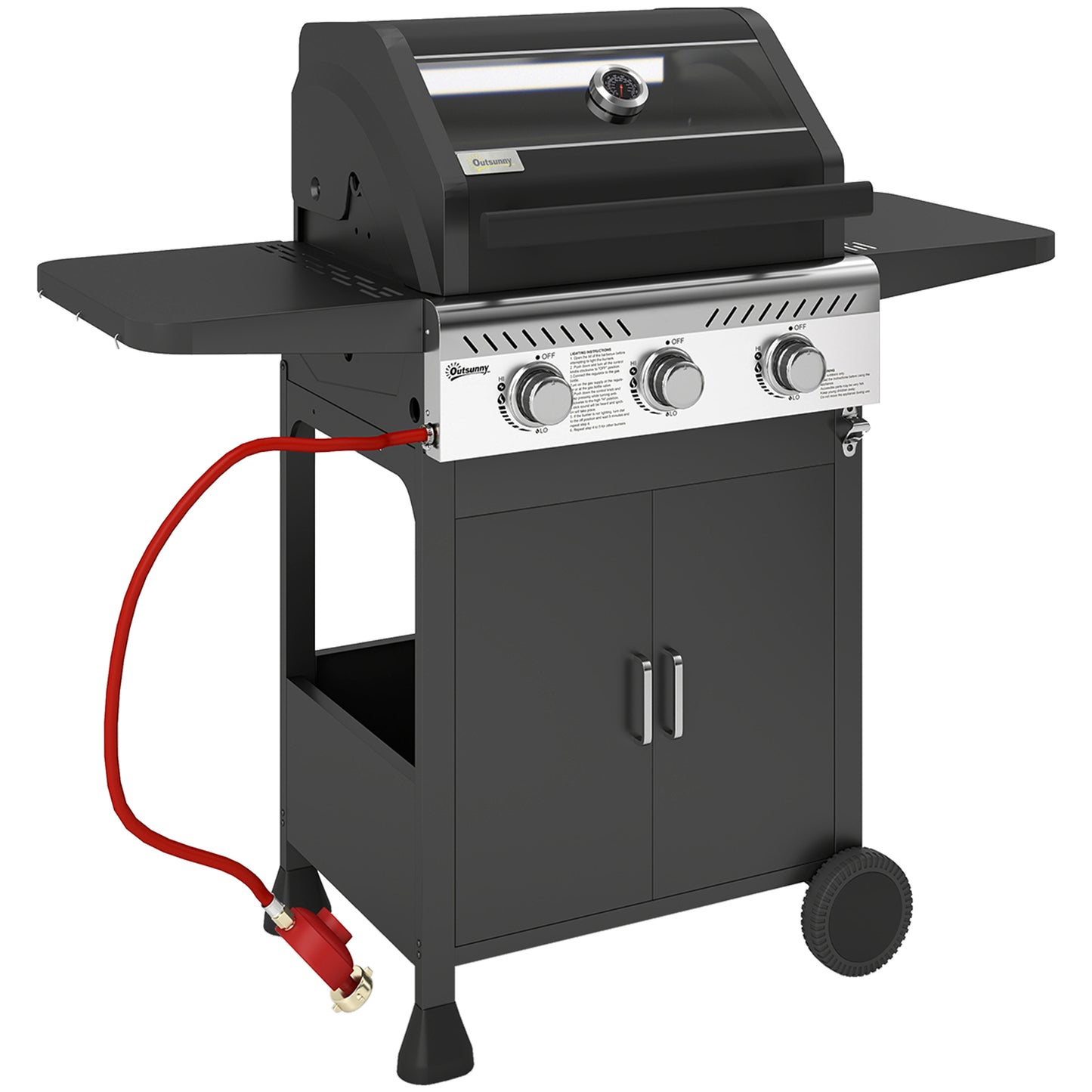 Outsunny 7.5kW Three-Burner Barbecue Gas BBQ Grill with See-Through Lid - Black
