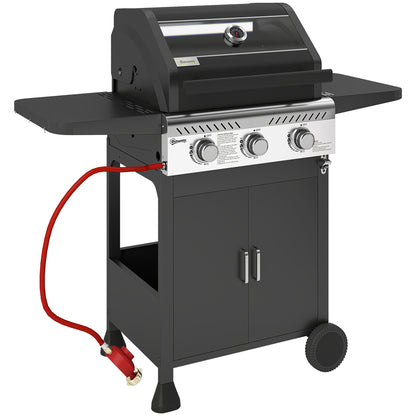 Outsunny 7.5kW Three-Burner Barbecue Gas BBQ Grill with See-Through Lid - Black