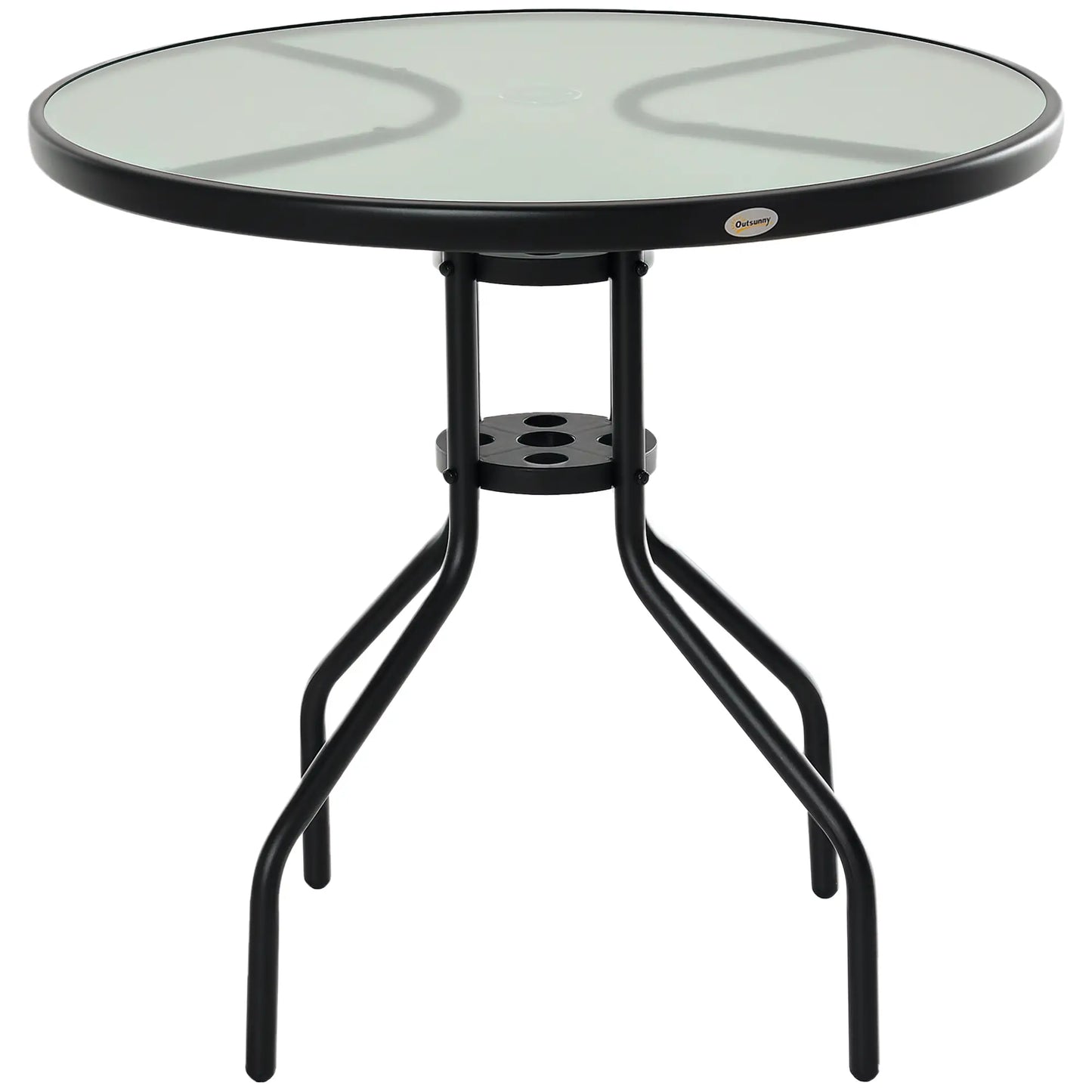 Outsunny Round Garden Dining Table with Parasol Hole for Outdoor Bistro Side Table with Tempered Glass Top for Patio, Porch, Black