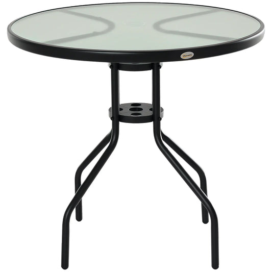 Outsunny Round Garden Dining Table with Parasol Hole for Outdoor Bistro Side Table with Tempered Glass Top for Patio, Porch, Black
