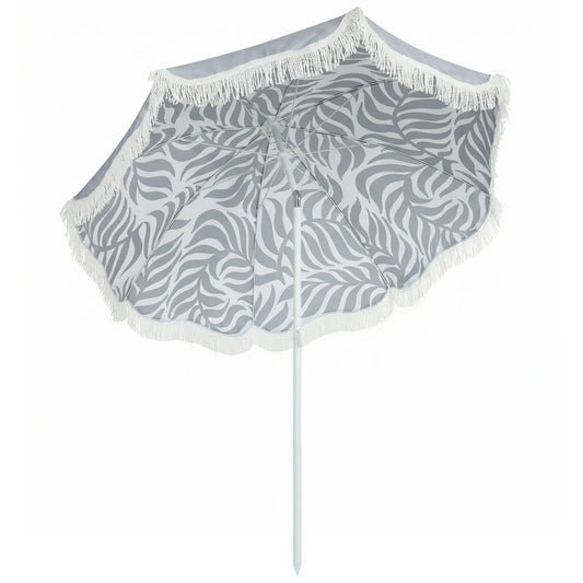 Outsunny Beach Umbrella Parasol with Sand Anchor, Portable Tilting Garden Parasol with Adjustable Height, Light Grey