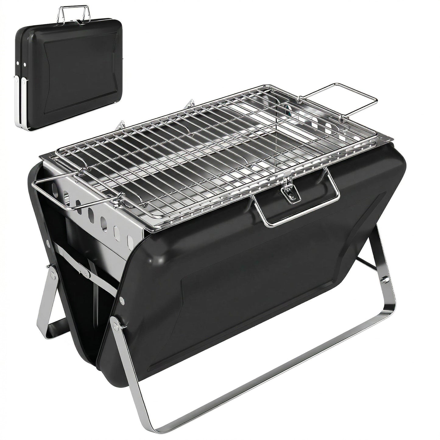 Outsunny Charcoal BBQ Grill Portable Stainless Steel Barbecue with Tilting Grate for Camping Picnic, Black