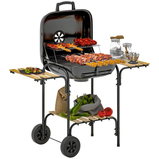 Outsunny Charcoal Barbecue Grill Portable BBQ Grill with Cooking Area, 3 Shelves, Lockable Lid, Wheels for Outdoor Cooking, Garden Party, Black