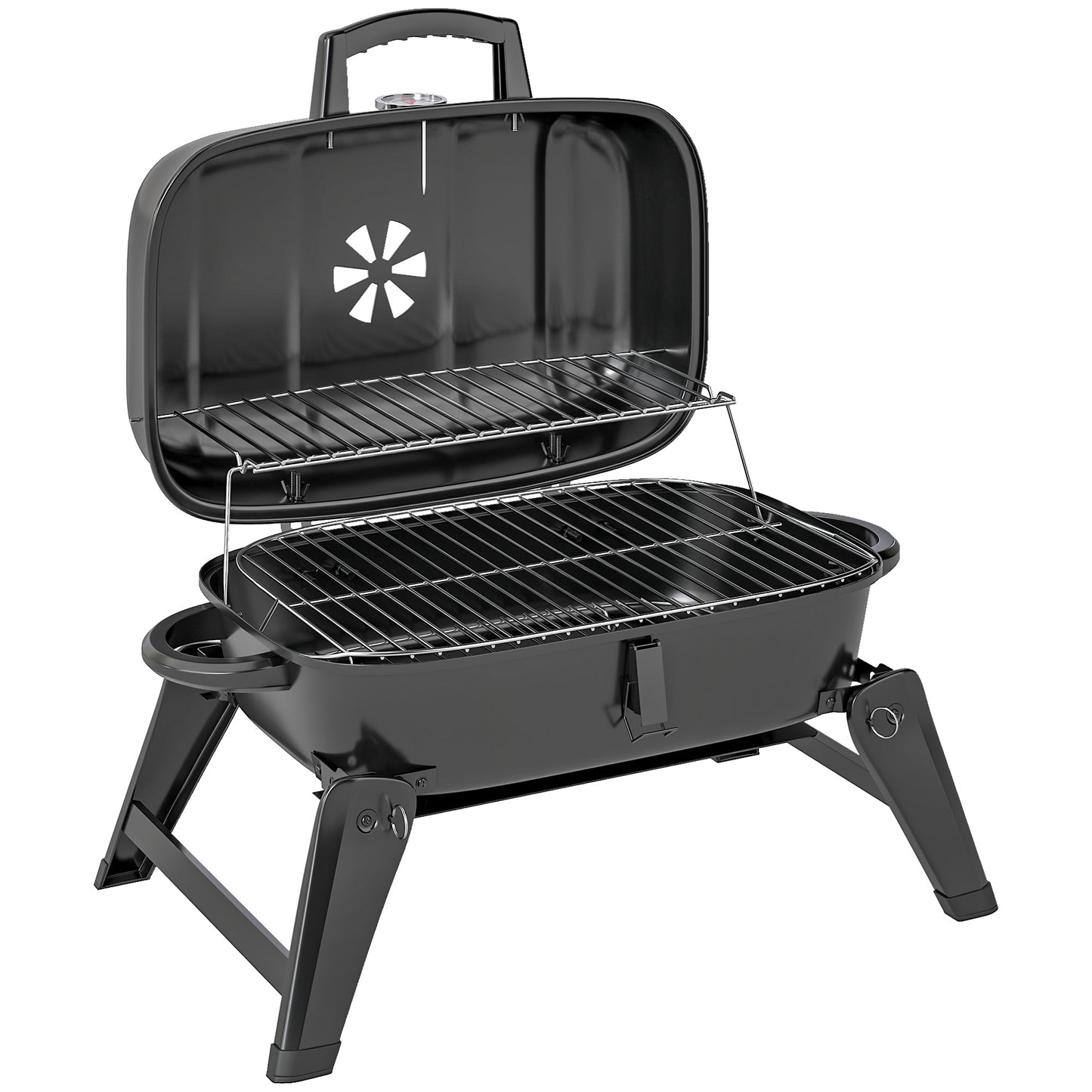 Outsunny Charcoal Barbecue Grill Folding Portable BBQ Grill with Thermometer for Camping & Picnic, Black