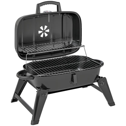 Outsunny Charcoal Barbecue Grill Folding Portable BBQ Grill with Thermometer for Camping & Picnic, Black