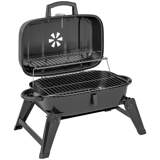 Outsunny Charcoal Barbecue Grill Folding Portable BBQ Grill with Thermometer for Camping & Picnic, Black