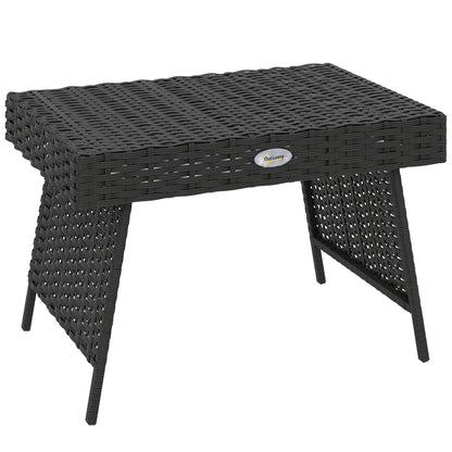 Outsunny Foldable Outdoor Side Table, Bistro Garden Rattan Coffee Table with Steel Frame, Black