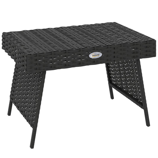 Outsunny Foldable Outdoor Side Table, Bistro Garden Rattan Coffee Table with Steel Frame, Black