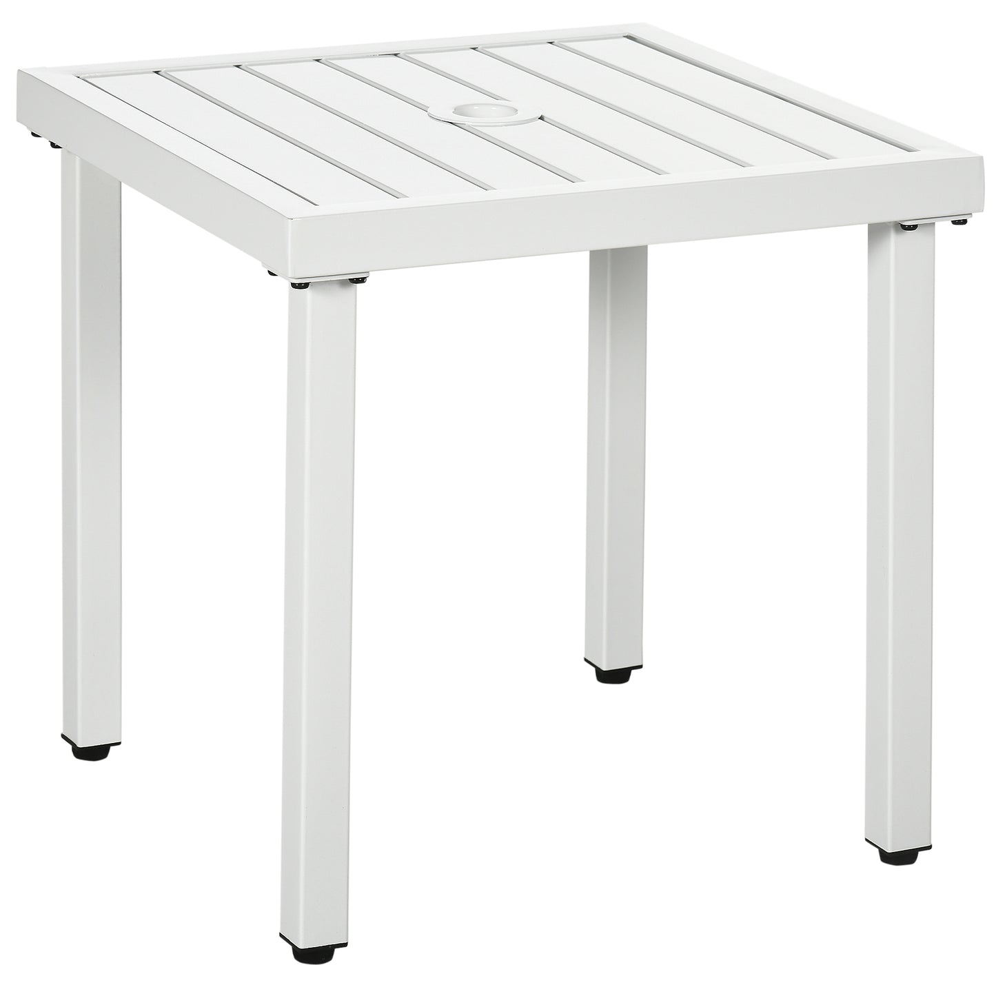 Outsunny Garden Side Table End Table Patio Coffee Table with Umbrella Hole, Steel Frame, White
